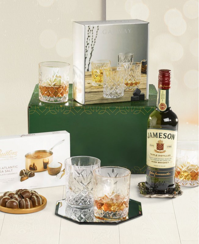 Whiskey, Glasses & Treats Gift Basket